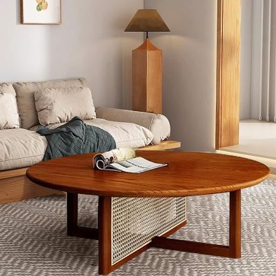 HM&DX Round Coffee Table with Rattan Woven Base,Rubber Wood Center Table,Modern Circle Side Table for Living Room Bedroom Farmhouse(35.5", Dark Brown)