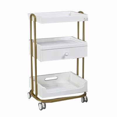 Beauty Salon Cart, Wooden Rolling Storage Station, Medical Beauty Supplies Rack, Dental Mobile Storage Cabinet, Nail Art Shelf With Single Locking Drawer ( Color : White-Gold-B , Size : 49x39x85cm )