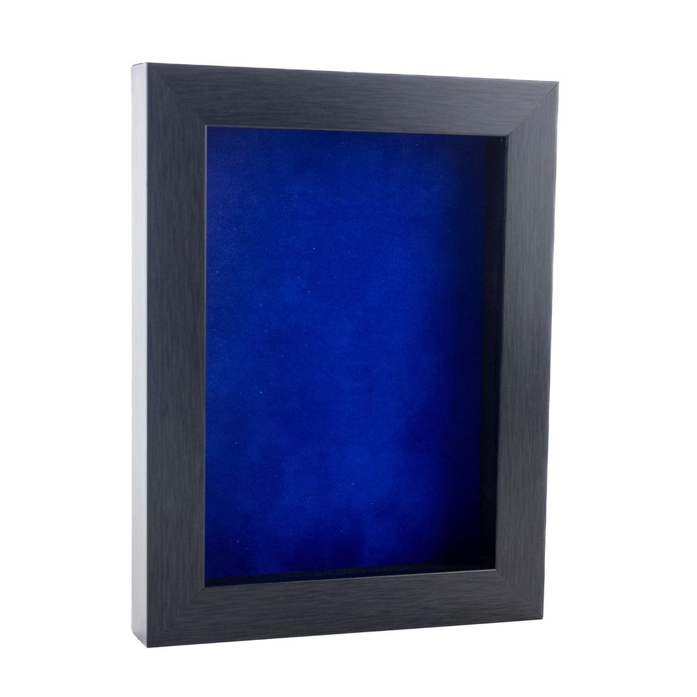 11x17 Charcoal Shadowbox Frame - Shadow Box Frame Interior Size 11x17 by 7/8" Deep - Royal Blue Acid-Free Suede Backing - Includes Shatter Resistant Acrylic, Backing, Hardware - Usable Depth: 5/8"