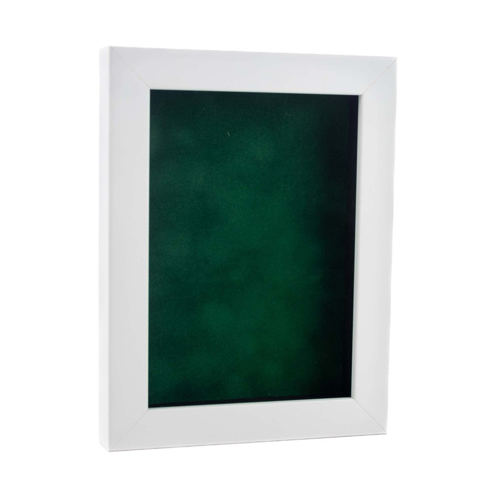 11x17 White Shadowbox Frame - Shadow Box Frame Interior Size 11x17 by 15/16" Deep - Forest Green Acid-Free Suede Backing - Includes Shatter Resistant Acrylic, Backing, Hardware - Usable Depth: 11/16"