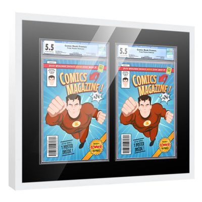 Comic Book Frame Wall Display with Mat for 2 CGC, CBCS OR PGX Graded Comics - White Comic Frame for 8.125x13 Comics