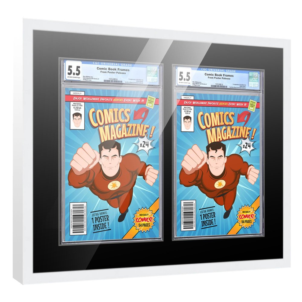 Comic Book Frame Wall Display with Mat for 2 CGC, CBCS OR PGX Graded Comics - White Comic Frame for 8.125x13 Comics