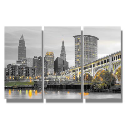 Cleveland Ohio Cityscape Posters Canvas Wall Art 3 Piece Black and White Wall Art for Living Room Skyscrapers and City Skyline Wall Pictures for Bedroom Home Decoration Ready to Hang 16X24X3 INCH