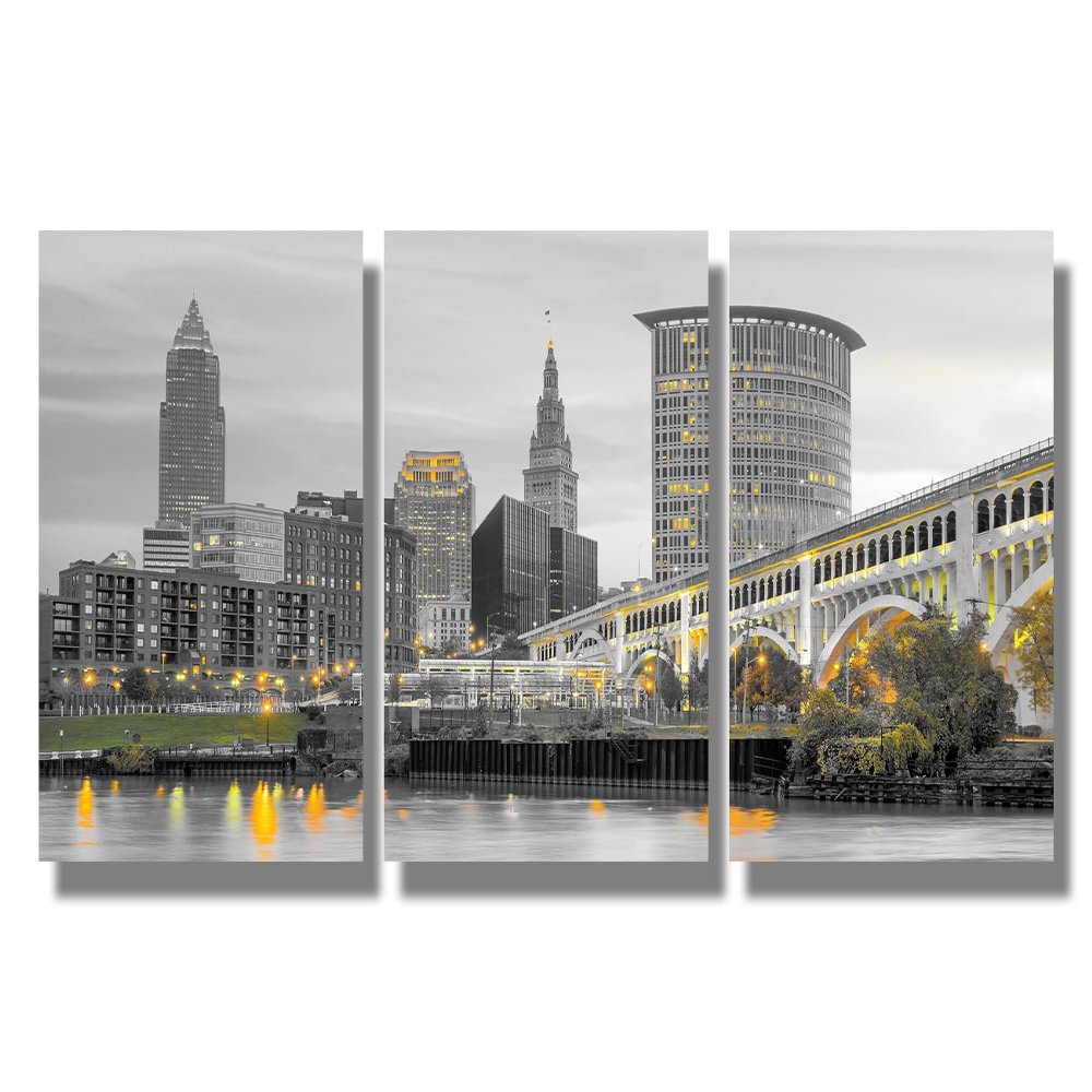 Cleveland Ohio Cityscape Posters Canvas Wall Art 3 Piece Black and White Wall Art for Living Room Skyscrapers and City Skyline Wall Pictures for Bedroom Home Decoration Ready to Hang 16X24X3 INCH