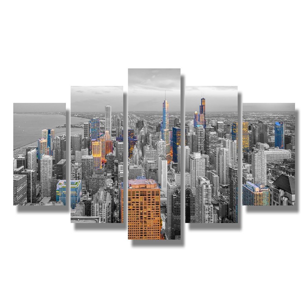5 Pieces Wall Art for Living Room Chicago Skyline Panorama Black and White Wall Art Chicago Downtown Cityscape Bathroom Wall Decor Posters & Prints Stretched and Framed Ready to Hang 20X40 INCH