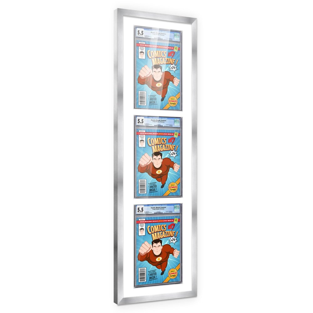Poster Palooza Comic Book Frame Wall Display with Mat for 3 CGC, CBCS OR PGX Graded Comics - Silver Comic Frame for 8.125x13 Comics