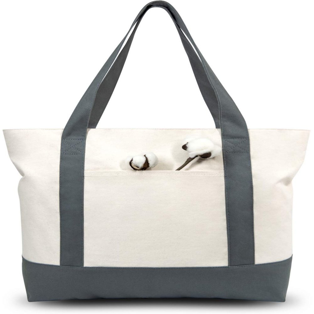 TOPDesign 6-Pack Canvas Tote Bags with an External Pocket, Reusable Grocery Shopping Bags, Top Zipper Closure, Daily Essentials (Grey/Natural)