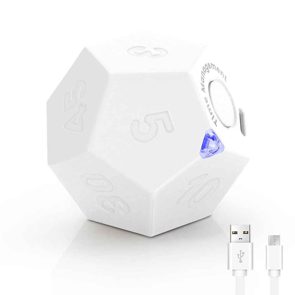 Pomodoro Timer - 11 Preset Productivity Timer, Ring/Vibrate Mode Cube for Cooking, Learning, Exercise and Beauty - White