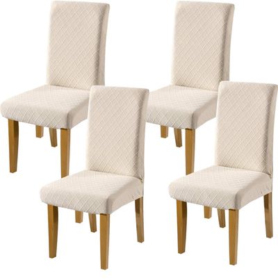 Stretch Short Dining Chair Covers 4 6 Pack Lattice Chair Covers, Stretch Spandex Jacquard Parsons Dining Room Chair Seat Protector Slipcovers for Home Dining Room Hotel Ceremony(Color-Beige, 4)