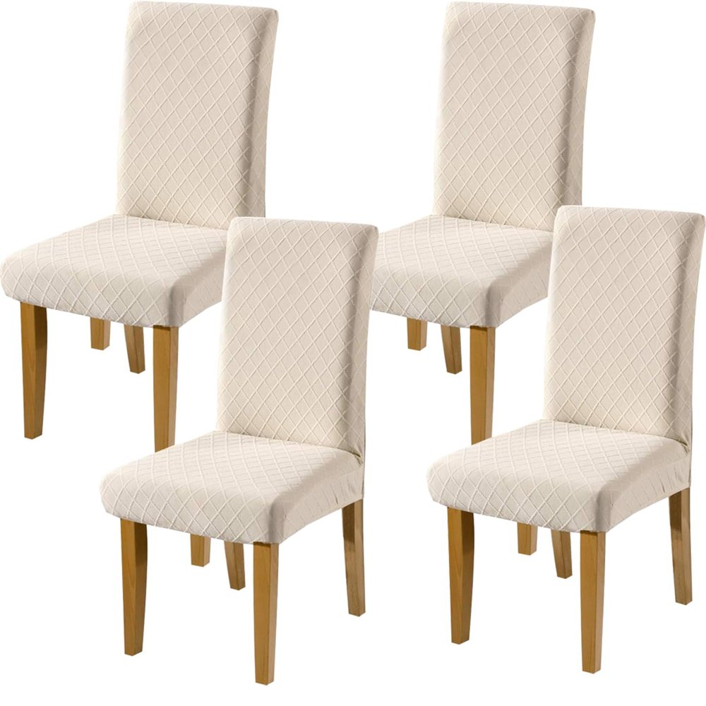 Stretch Short Dining Chair Covers 4 6 Pack Lattice Chair Covers, Stretch Spandex Jacquard Parsons Dining Room Chair Seat Protector Slipcovers for Home Dining Room Hotel Ceremony(Color-Beige, 4)