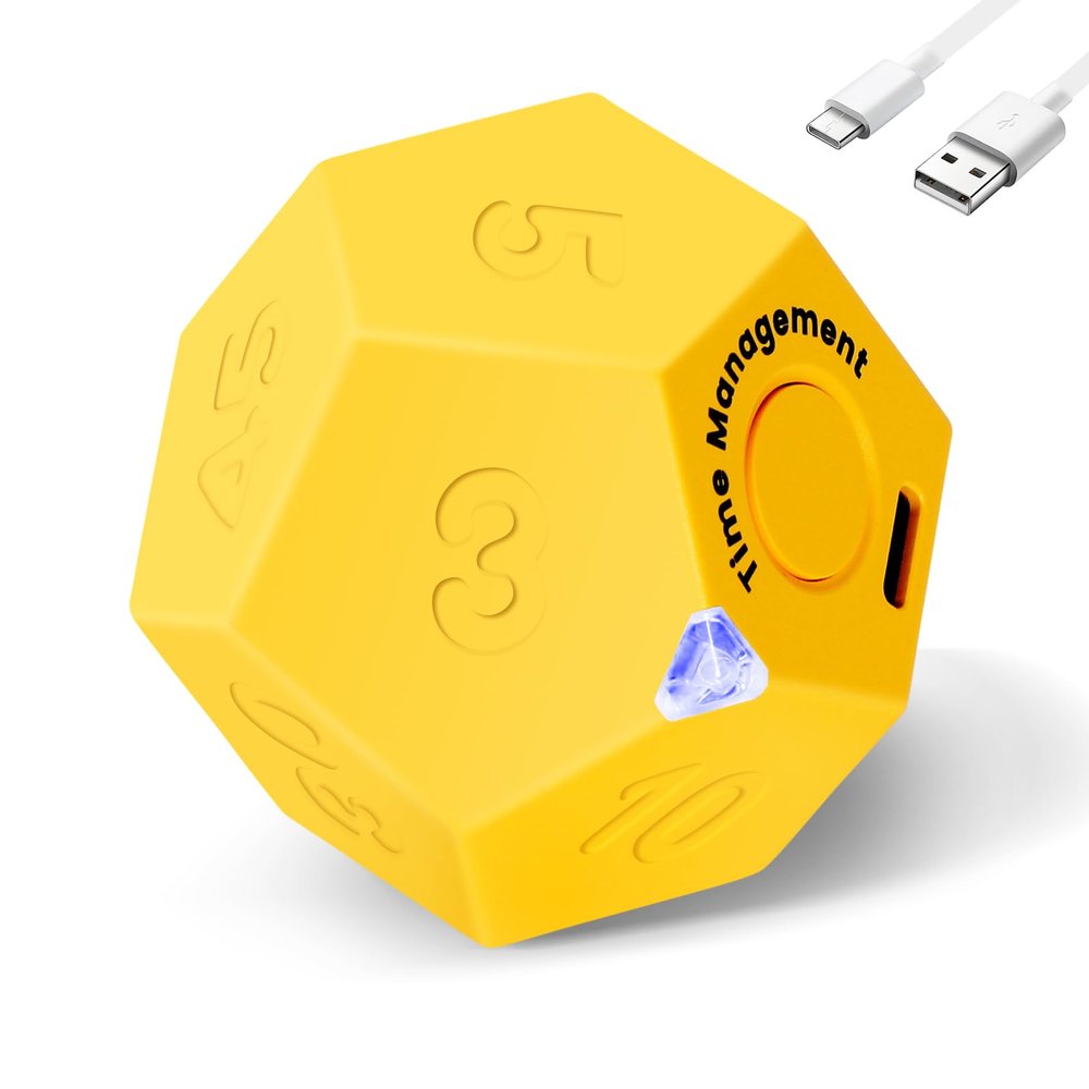 Yellow Pomodoro Timer - 11 Preset Productivity Cube, Ring/Vibrate Mode, Rechargeable, Perfect for Cooking, Learning, Exercise and Beauty