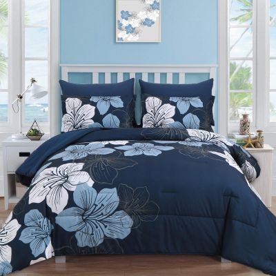 Luxudecor Navy Blue Comforter Set King Size, 7 Pieces Bed in a Bag Navy Blue Floral Comforter and Sheet Set, Soft Microfiber Complete Bedding Sets for All Seasons