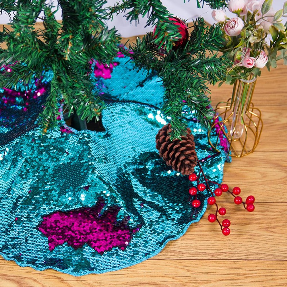 Christmas Tree Skirt 24 Inches Turquoise to Hot Pink Mermaid Sequin Tree Skirts 24 Inches Small Round Tree Skirt for 1.5ft Xmas Trees Indoor or Outdoor