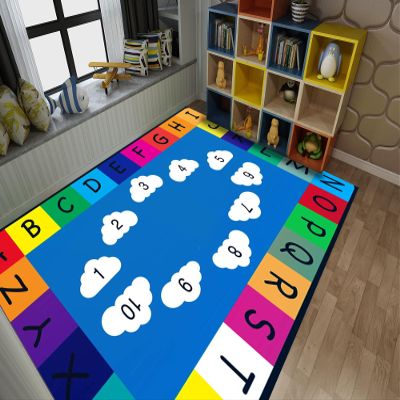 SOJAWA Children Enlightenment Blue Area Rug,6x8ft, Clouds Kids Learning Alphabet Numbers Bedroom Rugs Easy Clean Low Pile Indoor Mat, Washable Non-Slip Rug for Living Room Study Room