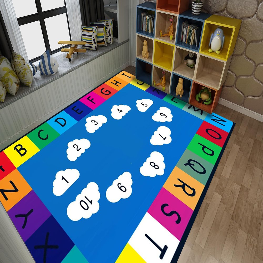 SOJAWA Children Enlightenment Blue Area Rug,6x8ft, Clouds Kids Learning Alphabet Numbers Bedroom Rugs Easy Clean Low Pile Indoor Mat, Washable Non-Slip Rug for Living Room Study Room