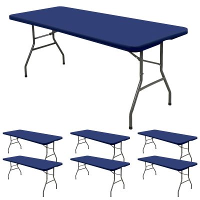 6 Pack Stretch Fabric Table Top Cap Cover, fits 8' Tables, Spandex Table Covers Washable Elastic Rectangle Tablecloth Protector for Indoor Outdoor Party Picnic Wedding, Navy Blue, 30" W x 96" L