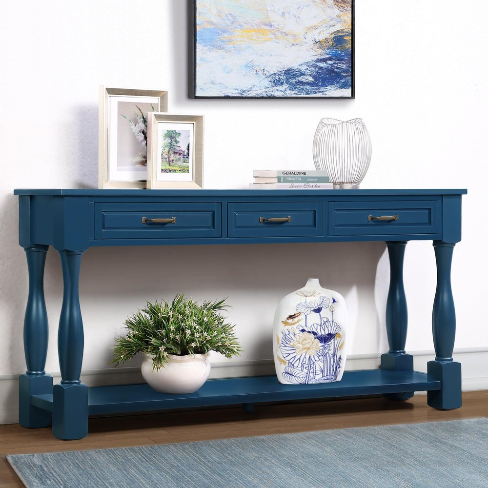 NCKMYB Extra Long Console Table with 3 Drawers Retro Narrow Console Table with Bottom Shelf, 63 inch Wood Sofa Table for Living Room Hallway, Navy Blue