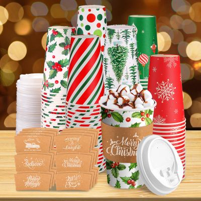 Suttmin 72 Sets/ 216 Pcs Christmas Paper Cups 16 oz Disposable to Go Coffee Cups with Lids and Sleeves Xmas Hot Cocoa Coffee Mug for Cold Drinks Christmas Hot Chocolate Xmas Party Supplies(Bright)