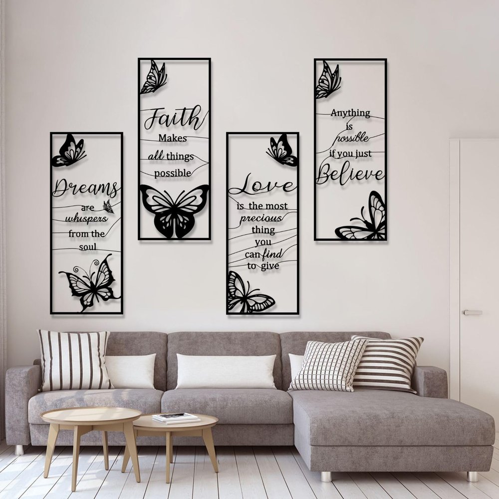 4 Pcs Dreams Faith Love Believe Metal Wall Decor, Inspirational Butterfly Wall Art, Metal Positive Quotes Butterfly Wall Art, Butterfly for Inspirational Word Sign Decors, Motivational for Home Office Decor (61x38 inches / 156x97.4 cm, Black)