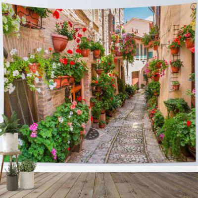 LB European Scenery Tapestry, Italy Stone Street View of Tuscany with Rock Houses Wall Tapestry for Bedroom, Floral Leaf Wall Hanging Tapestry Wall Art for Living Room Home Decor, 80W x 60L Inches