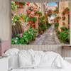 LB European Scenery Tapestry, Italy Stone Street View of Tuscany with Rock Houses Wall Tapestry for Bedroom, Floral Leaf Wall Hanging Tapestry Wall Art for Living Room Home Decor, 80W x 60L Inches view 2