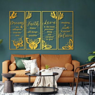4 Pcs Dreams Faith Love Believe Metal Wall Decor, Inspirational Butterfly Wall Art, Metal Positive Quotes Butterfly Wall Art, Butterfly for Inspirational Word Sign Decors, Motivational for Home Office Decor (61x38 inches / 156x97.4 cm, Gold)