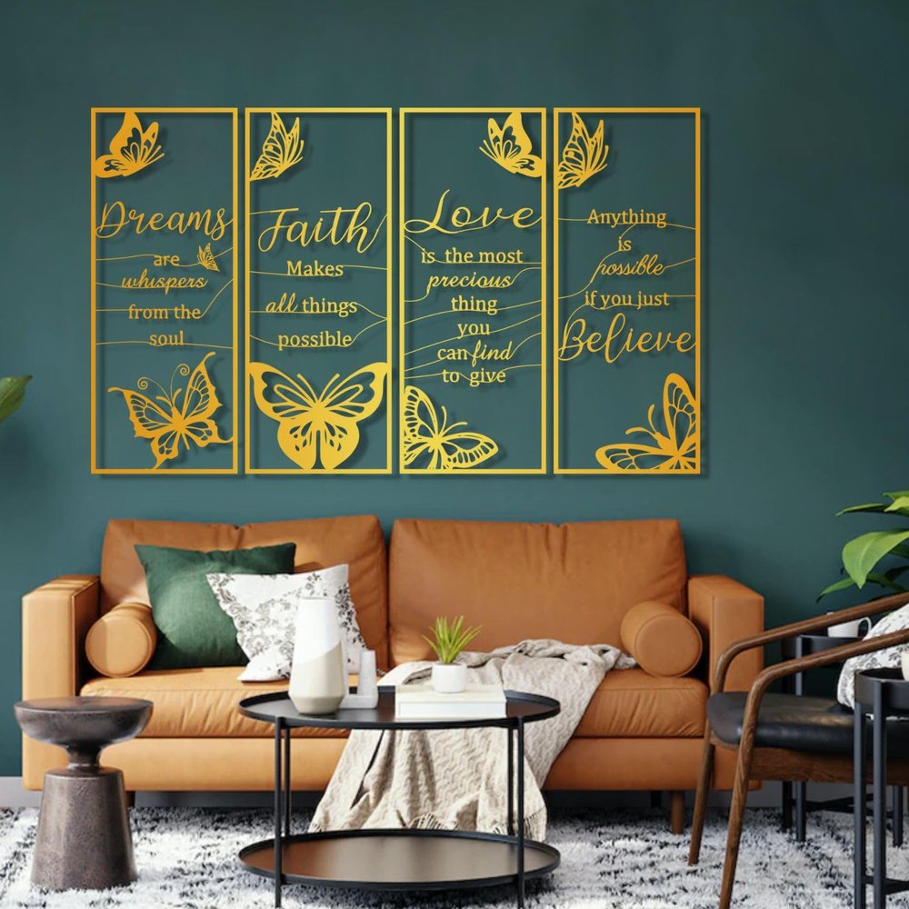 4 Pcs Dreams Faith Love Believe Metal Wall Decor, Inspirational Butterfly Wall Art, Metal Positive Quotes Butterfly Wall Art, Butterfly for Inspirational Word Sign Decors, Motivational for Home Office Decor (61x38 inches / 156x97.4 cm, Gold)