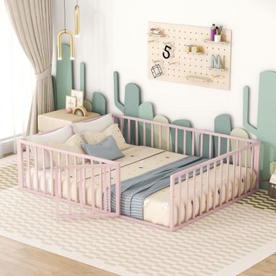 Aiuyesuo Modern Queen Size Floor Bed, Metal Floor Bed Frame with Fence and Door, Versatile Floor Bed for Kids Teens Adults Boys Girls, Easy Assemble (Pink-Q852)
