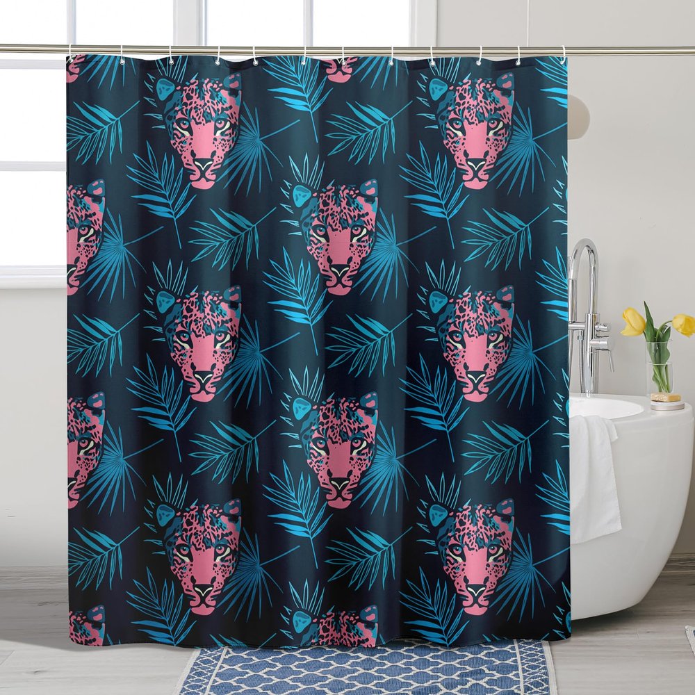GDHBLING Pink Cheetah Shower Curtain Animal Print Pink Leopard Tropical Leaves Funky Weighted Cloth Fabric Washable Bathroom Decor Shower Curtain for Walk in Shower,Pink Blue,72x72 Inch