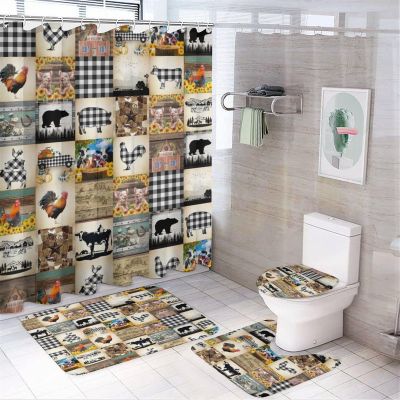 Cabin Rustic Farmhouse Animal 4 Pcs Waterproof Shower Curtain Set,Abstract Wooden Board Wildlife Bear Pigs Cow with Waterproof Toilet Cover Shower Mat Rugs