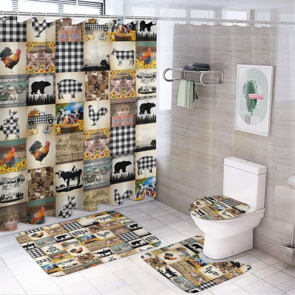 Cabin Rustic Farmhouse Animal 4 Pcs Waterproof Shower Curtain Set,Abstract Wooden Board Wildlife Bear Pigs Cow with Waterproof Toilet Cover Shower Mat Rugs