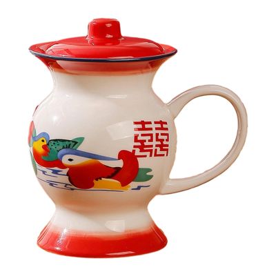 400ml/13.5oz Creative Couple Double Happiness Mandarin Duck Funny Ceramic Cup Classic Retro Mark Water Cup for office home restaurant-red