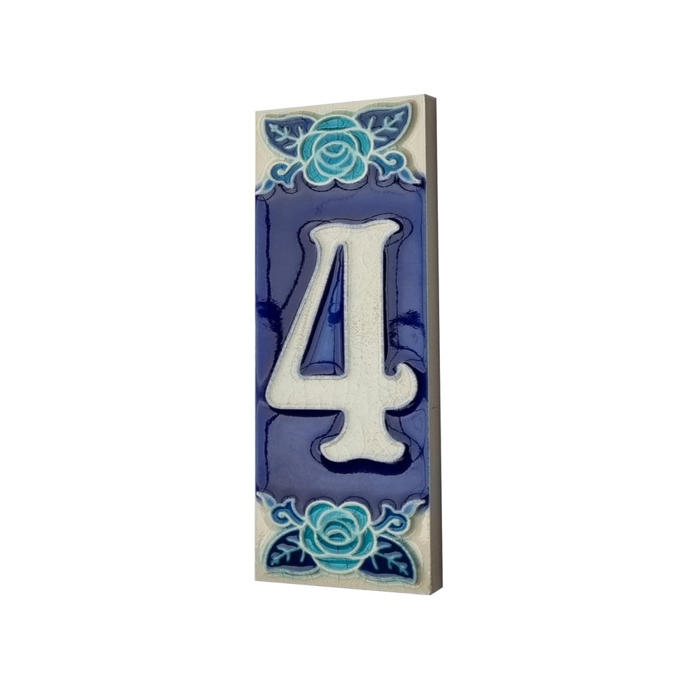 15 x 4.8 cm 5.90" x 1.88" Italian Hand-painted Glow In The Dark Blue Rose Ceramic Number Address Tiles (Number 4 tile)