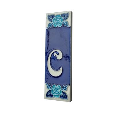 15 x 4.8 cm 5.90" x 1.88" Italian Hand-Painted Glow in The Dark Blue Rose Ceramic Number Address Tiles (Letter C Tile)