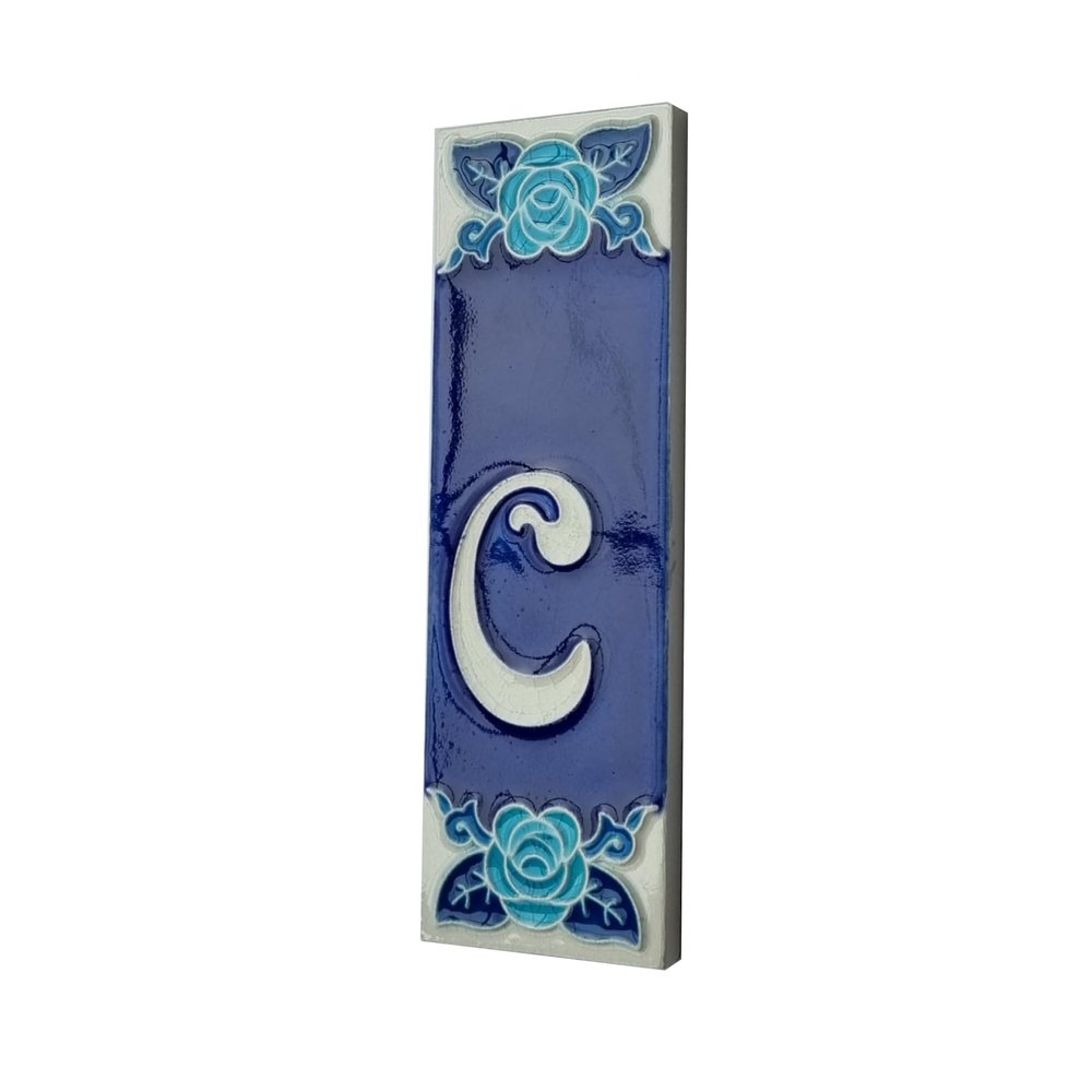 15 x 4.8 cm 5.90" x 1.88" Italian Hand-Painted Glow in The Dark Blue Rose Ceramic Number Address Tiles (Letter C Tile)