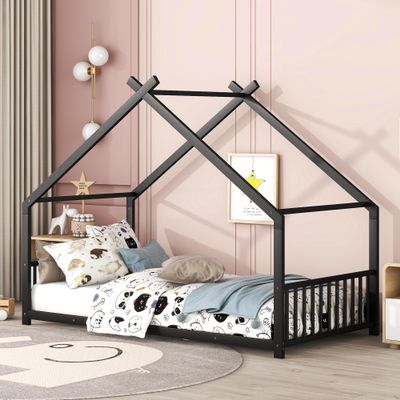 JIVOIT Twin Size House Bed with Roof Design, Metal Twin Platform Bed Frame with Slatted Support, Floor Play House Bed Tent Metal Bed, No Box Spring Needed (Black, Twin, Roof Design)