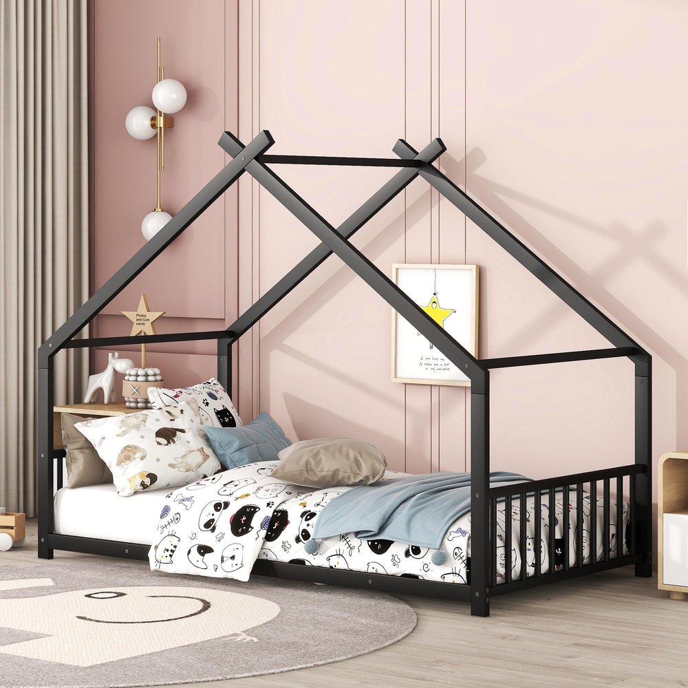 JIVOIT Twin Size House Bed with Roof Design, Metal Twin Platform Bed Frame with Slatted Support, Floor Play House Bed Tent Metal Bed, No Box Spring Needed (Black, Twin, Roof Design)