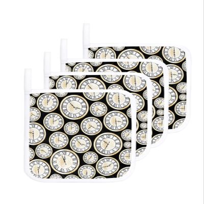 4 PCS Gold Floral Pot Holders Sets with Hanging Loop,Thick Oven Pans Plate Bowl Heat Insulated Pads,Potholders Trivet Mat Coasters Counter Protector for Kitchen Black White Clock Minimalist Geometric