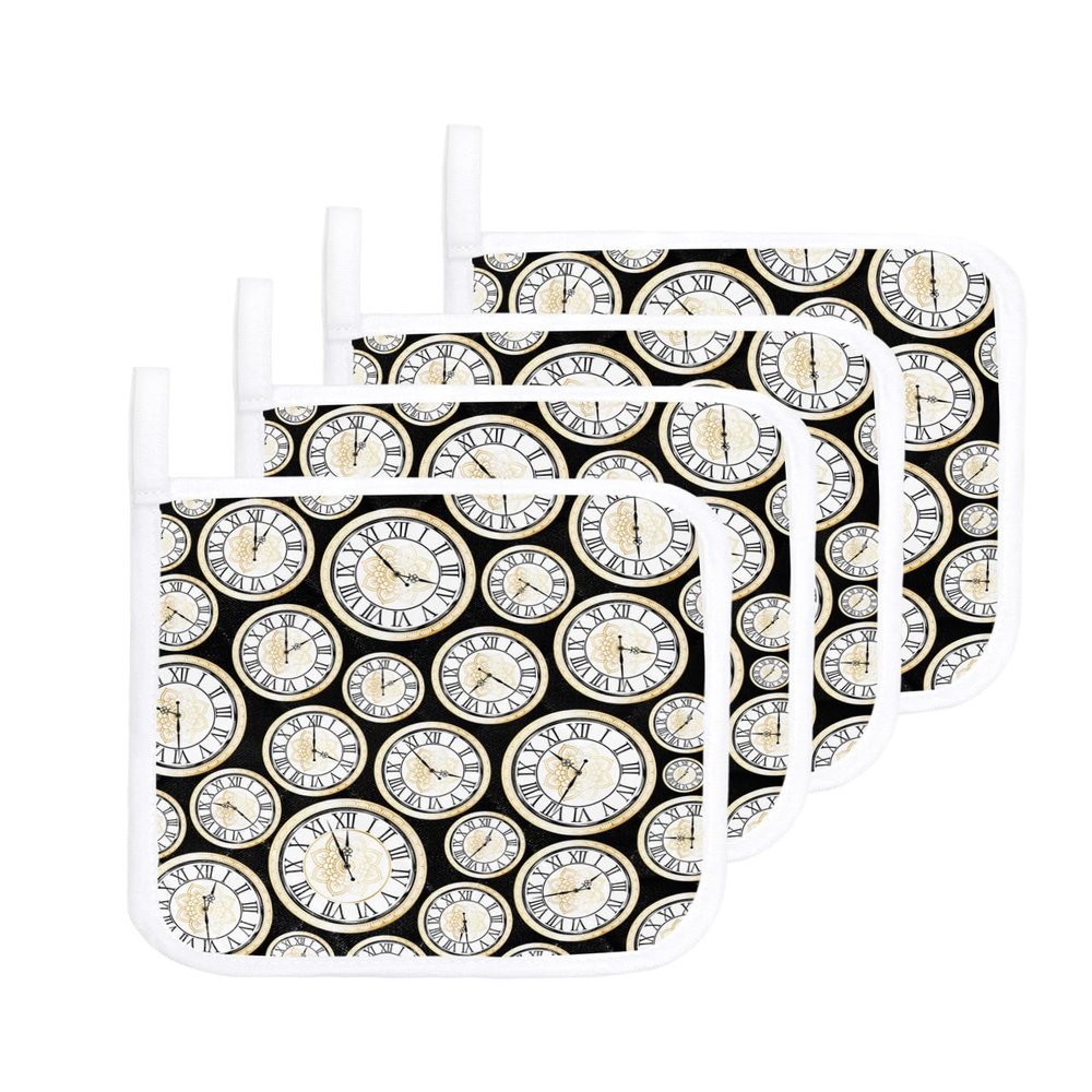 4 PCS Gold Floral Pot Holders Sets with Hanging Loop,Thick Oven Pans Plate Bowl Heat Insulated Pads,Potholders Trivet Mat Coasters Counter Protector for Kitchen Black White Clock Minimalist Geometric