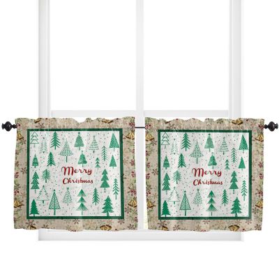 Jolunifun Christmas Kitchen Curtain 24 Inch Length Small Short Cafe Tiers Curtains Drape, 2 Panel Window Treatment Rod Pocket Drapery Panels Curtains, Green Forest Pine Tree Vintage Berry 55x24