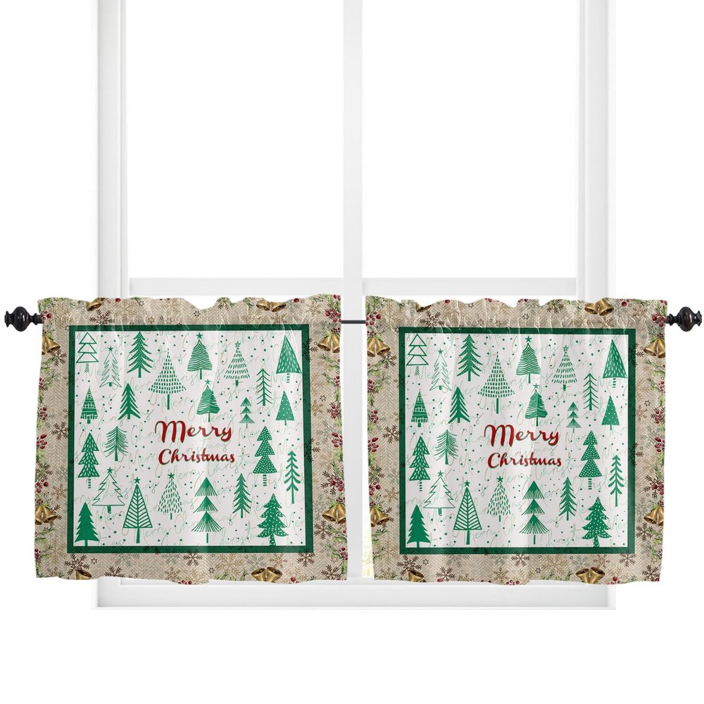 Jolunifun Christmas Kitchen Curtain 24 Inch Length Small Short Cafe Tiers Curtains Drape, 2 Panel Window Treatment Rod Pocket Drapery Panels Curtains, Green Forest Pine Tree Vintage Berry 55x24