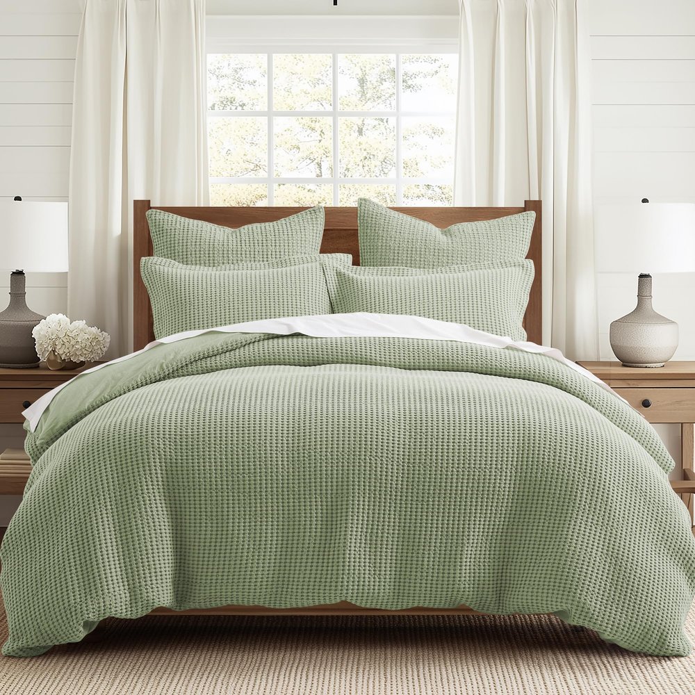 Levtex Home Mills Waffle Queen Duvet Cover Set (90x94in) with 2 Pillow Shams (26x20in) - Desert Sage - 100% Cotton Queen Size Duvet Cover Set - Soft, Pre-Washed