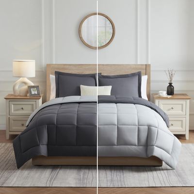 Nestl 3 Piece Quilted Down Alternative Comforter with 2 Pillow Shams, All Season Grey/Light Grey Duvet Inserts, King Size with Corner Tabs