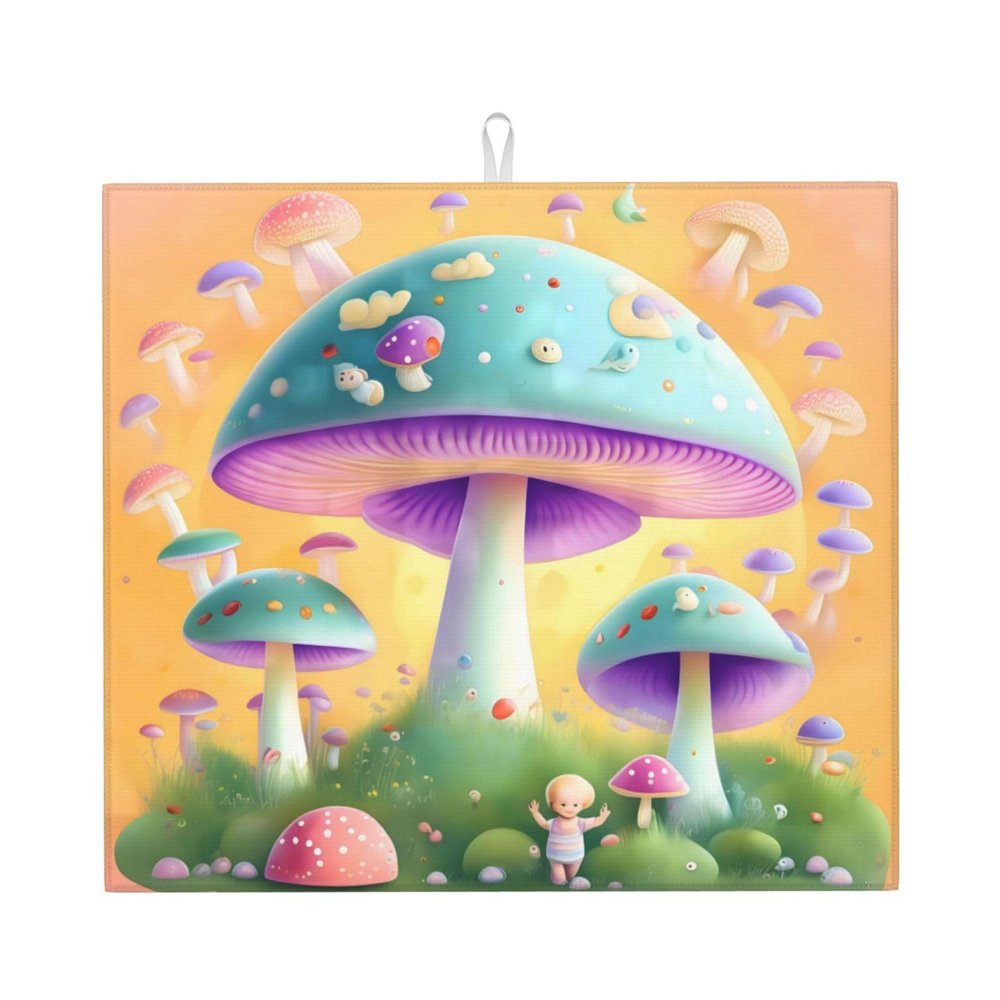 Fantasy Mushroom Washable Kitchen Countertop Drying Mat 16x18in For Halloween Christmas Housewarming Gift Dishes Drainer