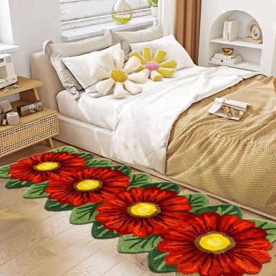 Abeigoi Sunflowers Runner Rugs,4 Red Floral Mat Floral Shaped Bath Rug Thick Washable Carpet Handmade Absorbent Shaggy Area Rugs for Bedroom Bathroom Shower/Doormat 23.6''x63''