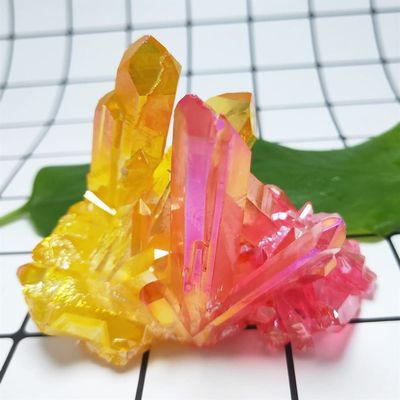 IPUDIS Crystal Cluster Natural Titanium Coating Quartz vug red and Yellow Plating Stone Flower Crystals Home Decor Beautiful Crystal