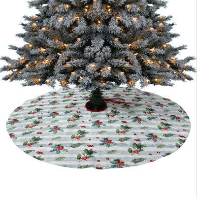 Christmas Tree Skirt Winter Botanical Holiday Tree Ornaments 4ft Merry Christmas Holly Leaf Berry Xmas Trees Mat Home Decoration for Indoor Outdoor Party Retro Snowy Stripe