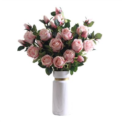 WAOCEO Fake Flowers Pink Rose Bouquet Set Living Room Dining Table Fake Flower Arrangement with Ceramic Vase Indoor Home Decorations Artificial Flowers Decoration (Color : Gray)
