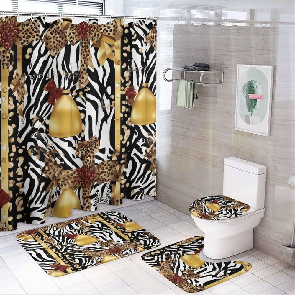 ZGDPBYF Leopard Zebra Print 3 Piece Bath Mats Brown Leopard Bow Balloon Decoration Waterproof Non Slip Bath Mat Set, Washable Rug for Bathroom,-3-Piece Set