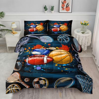 Axolotl Ball Game Bedding Set Twin, Basketball & Volleyball Comforter Set Sports Bedding, Soccer & Football Comforter Colorful Grunge Style for Kids Boys Teens, 1 Quilt 2 Pillowcases